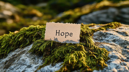 A simple yet powerful representation of hope, this close-up image features a handwritten note resting on vibrant moss, capturing the essence of serenity and connection with nature.の素材
