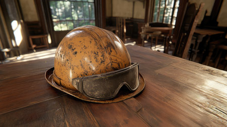 A close-up shot of an aged orange hard hat and safety goggles on a wooden table, emphasizing the importance of construction safety and the history of industrial work environments.の素材