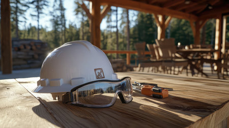 A scene featuring a hard hat and safety goggles on a wooden table, symbolizing readiness for outdoor construction projects amidst a serene natural backdrop.の素材