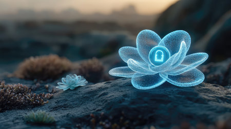 A mesmerizing digital representation of a glowing lotus flower featuring a lock symbol, emphasizing the themes of privacy and safety amidst a tranquil natural environment.の素材