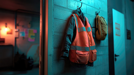 A striking view of a bright orange safety vest hanging on a wall, illuminated by ambient light, creating a modern and industrial feel in a workspace environment.の素材