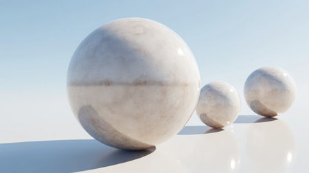 A serene abstract scene featuring three glossy spheres of varying sizes on a reflective surface. The soft shadows and bright background create a calm and minimalist atmosphere.の素材