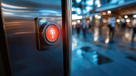 A close-up view of a red illuminated elevator button set against a blurred urban backdrop captures the essence of modern architecture and movement in a bustling environment.の素材