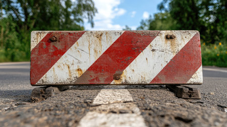 A close-up shot of a weathered road barrier with red and white stripes, emphasizing its texture and surroundings. The serene country road and nature reveal a tranquil atmosphere.の素材