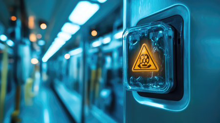 A close-up of a warning sign indicating hazardous materials inside a subway train, highlighted with soft blue lighting, emphasizing safety and awareness for commuters.の素材