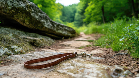 A beautifully designed brown dog leash rests on a natural stone path in a tranquil forest setting, inviting pet lovers to embrace the outdoor adventure with their furry friends.の素材