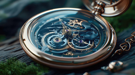 A stunning close-up of a vintage golden pocket watch, revealing its intricate gears and mechanisms, beautifully set against a natural backdrop, capturing the artistry of timekeeping.の素材