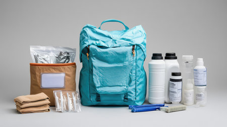 A vibrant blue backpack is positioned with various containers and supplies, highlighting essentials for travel and outdoor adventures, emphasizing convenience and organization.の素材