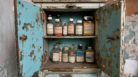 Explore a charming vintage medicine cabinet filled with antique glass bottles, each telling a story of the past with worn labels and rustic blue paint, perfect for historical themes.の素材