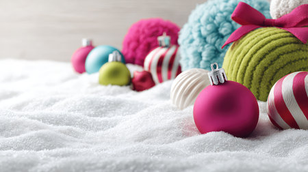 Vibrant Christmas ornaments set on a snowy surface create a cheerful atmosphere for holiday celebrations. Perfect for seasonal decoration and festive themes.の素材