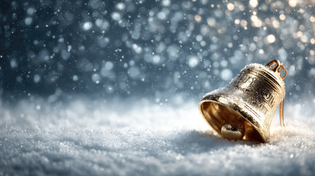 A captivating image of a golden bell resting on a bed of soft snow, with glittering snowflakes in the background, evoking the enchanting spirit of the winter holiday season.の素材