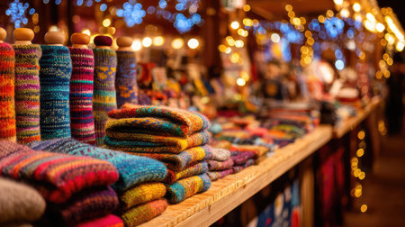 A vibrant showcase of handcrafted knitwear at a market stall, adorned with warm lights and festive decorations, creating a cozy atmosphere for holiday shoppers.の素材
