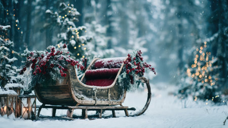 A picturesque winter scene featuring a vintage wooden sleigh adorned with red flowers, set in a snowy forest illuminated by soft glowing lights. Perfect for holiday themes.の素材