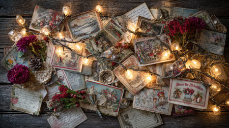 A charming scene featuring vintage postcards, floral arrangements, and warm twinkling lights, evoking a cozy nostalgic atmosphere perfect for seasonal decor or celebrations.の素材