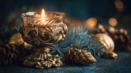 A beautifully designed golden candleholder with a lit flame, surrounded by pinecones and greenery, creating a warm and inviting atmosphere for holiday decor and winter celebrations.の素材