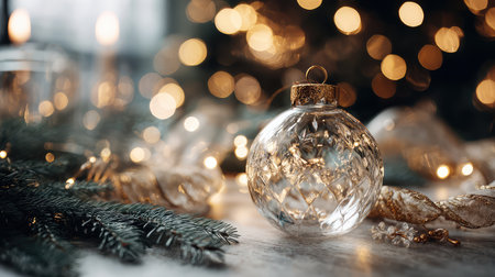 Captivating glass ornament glistens amidst warm lights and pine cones, creating a magical festive atmosphere perfect for holiday celebrations and decor.の素材