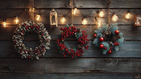 This image showcases beautifully crafted Christmas wreaths adorned with rich red berries and ornaments suspended against a charming wooden backdrop, creating a warm holiday atmosphere.の素材