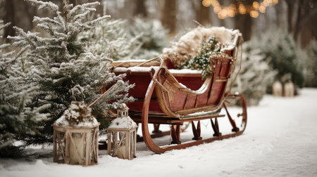 A charming wooden sleigh surrounded by fresh snow and evergreen trees, enhanced by warm lanterns, creating a magical winter scene perfect for holiday themes and seasonal celebrations.の素材