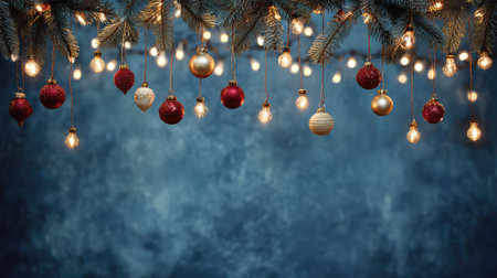 A vibrant and enchanting display of hanging ornaments and warm lights against a soft blue background, perfect for creating an inviting atmosphere for holiday festivities.の素材