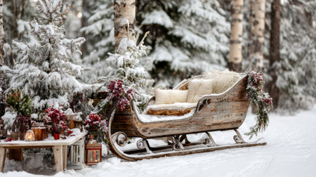 A charming vintage sleigh surrounded by snow-covered trees and festive decorations, perfect for evoking the magic and warmth of the winter season.の素材