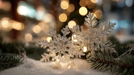 Stunning close-up of frosty snowflakes with gentle bokeh lights, capturing the essence of winter magic and creating a serene, festive atmosphere perfect for seasonal celebrations.の素材