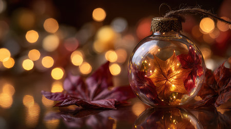 A beautiful glass ornament showcases a stunning red maple leaf, illuminated by delicate lights, evoking a warm and cozy atmosphere for autumn festivities.の素材