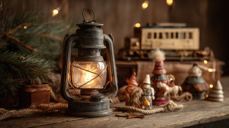 A vintage lantern emits a warm glow, set against vintage holiday decorations and charming figurines, creating a cozy and festive atmosphere perfect for winter celebrations.の素材