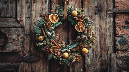 A stunning autumn wreath featuring dried fruits, cinnamon sticks, and lush greenery, beautifully displayed on a weathered wooden door, exuding warmth and charm.の素材