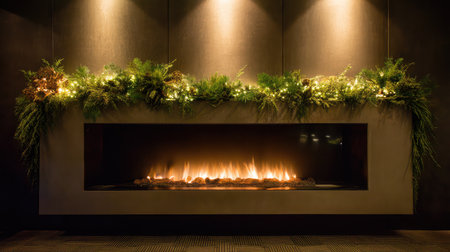 This image features a sleek modern fireplace, beautifully decorated with greenery and soft lights, offering a cozy and inviting atmosphere perfect for winter gatherings.の素材
