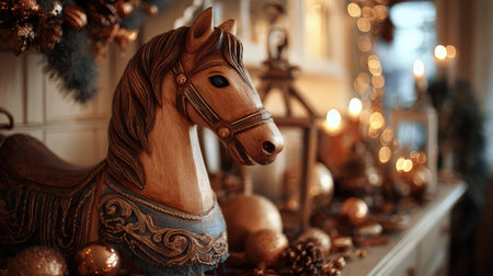 A stunning wooden horse ornament adds charm to a festive holiday setting filled with soft lighting and decorations, creating a cozy and inviting atmosphere perfect for celebrations.の素材