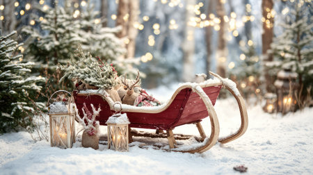 A beautiful rustic sleigh sits in a snowy forest, adorned with festive decorations and lanterns, creating a perfect cozy winter holiday atmosphere.の素材