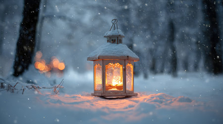 A beautiful winter scene featuring a glowing lantern nestled in fresh snow, surrounded by a serene forest landscape. Soft snowflakes fall, enhancing the cozy atmosphere.の素材