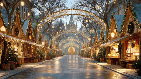 A beautiful winter market scene filled with shimmering lights, surrounded by charming architecture and snow-covered trees, creating a festive and magical atmosphere for holiday joy.の素材