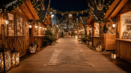 A picturesque winter market scene featuring cozy wooden stalls adorned with twinkling lights and festive decorations, creating a warm atmosphere perfect for holiday shopping.の素材