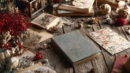 A rustic wooden table adorned with vintage floral decorations, old books, and postcards creates a warm and cozy atmosphere perfect for seasonal crafts and home aesthetics.の素材
