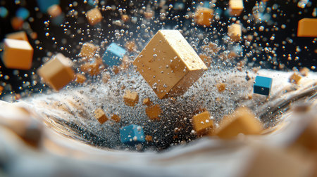 An abstract image showcasing colorful cubes suspended in water, surrounded by bubbles, creating a stunning visual narrative of motion, energy, and artistic creativity.の素材