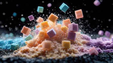 A visually striking image of colorful sugar cubes in mid-air creating a sense of motion above a mound of vibrant powdered sugar, evoking creativity and sweetness.の素材