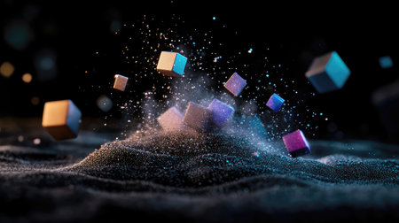 This stunning image features vibrant cubes suspended above a luminous particle surface, capturing the essence of abstract design and the interplay of color and light.の素材