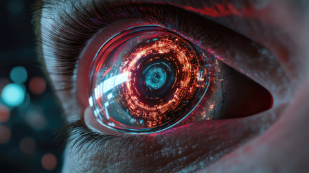 A close-up of a futuristic eye design showcasing advanced technology and digital elements, symbolizing the intersection of human vision and innovative cybernetic enhancements.の素材