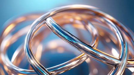 A captivating close-up image of intertwined metal rings, highlighting their shiny surfaces and intricate details, ideal for creative and modern design themes.の素材