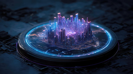 A captivating futuristic cityscape showcases illuminated skyscrapers on a circular platform, blending advanced technology and urban imagination in a vibrant digital environment.の素材