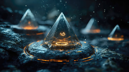 Glowing glass pyramids emerge from a stone surface in a rainy landscape, creating a dreamlike atmosphere filled with mystery and enchanting reflections.の素材