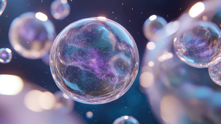 A stunning collection of ethereal bubbles floating in a cosmic background filled with stars and colorful nebulas, capturing the essence of science and imagination.の素材