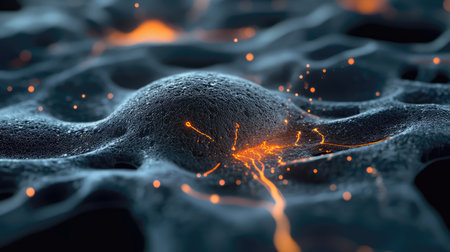 This captivating abstract image features a textured surface with glowing orange particles against a black backdrop, ideal for projects related to science, technology, or art.の素材