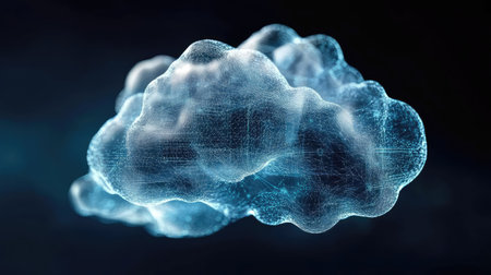 This image features an ethereal cloud shape designed with intricate digital particles, representing advanced technology, data transfer, and connectivity in modern digital environments.の素材