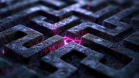 This mesmerizing abstract image features a maze pattern made of textured stone blocks, enhanced by glowing purple lightning, perfect for artistic and creative use.の素材
