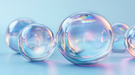 A captivating arrangement of shimmering water bubbles resting gently on a soft blue surface, showcasing their intricate reflections and iridescent colors, evoking a tranquil and dreamlike atmosphere.の素材