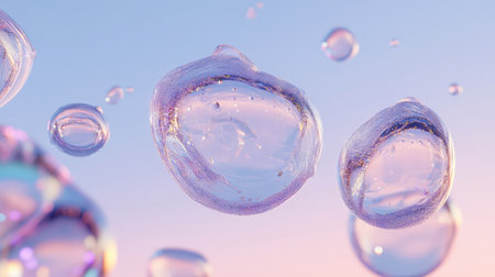 A collection of translucent soap bubbles drifts gracefully against a soothing pastel background, creating a whimsical and dreamy atmosphere filled with light and color.の素材