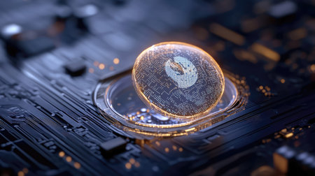 A captivating image depicting an abstract glowing orb on a dark circuit board, representing the intersection of technology and digital innovation in modern design.の素材
