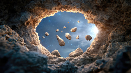 Explore a mesmerizing view from within a cosmic cave, showcasing floating rocks beneath a starry expanse and a soft light illuminating the natural surroundings.の素材